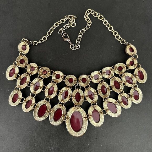 Vintage Red Bead Gold Tone Chunky Collar Bib Statement Necklace Wedding Party - Picture 5 of 9